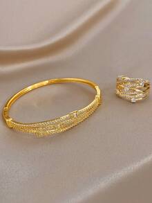 Set/1Pc Elegant Multi Parallel Row Inlaid Zirconia Bangle Bracelet Ring Gold Jewelry Set,For Women,Party,Daily,Christmas,Boho, Valentine Birthday Gifts - Multicolor - View 6