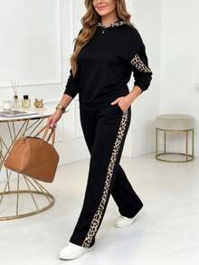 Casual Women's Fashion Commute Set, Comfortable Loose Fit Patchwork Colorblock Leopard Print Hooded Top + Striped Colorblock Straight Leg Pants 2-Piece Set, Autumn/Winter - Black - View 3