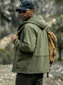 Men's Street Tough Style Multi-Pocket Military Hooded Jacket, Loose Fit Plus Size Outdoor Hiking, Stream Trekking, Camping, Versatile Jacket For Autumn/Winter - Army Green - View 3