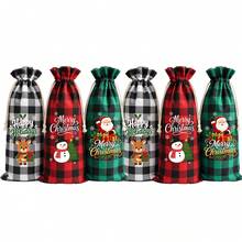 12入聖誕格紋紅酒禮品袋，聖誕老人與聖誕樹圖案抽繩酒袋，適用聖誕節、婚禮、派對、生日禮物包裝 - 15x35厘米 - 查看 8