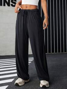 Women's Elastic Nylon Fabric Adjustable Drawstring Pockets Loose Straight Leg Pants Black - Black - View 3