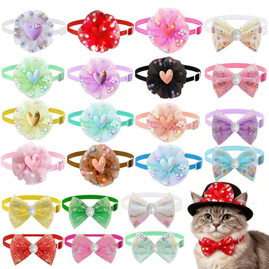 10/20Pcs Princess Pet Bow Tie Collar, Adjustable Cute Bow Neck Accessories For Small Medium Dogs & Cats, Daily Wear Dress Up Decor, Perfect Birthday Valentine Wedding Christmas Party Pet Gift