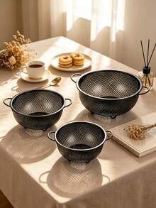 Stainless Steel Black Colander, Dual Handle Rice Washing Basket, Fine Mesh Design, Can Wash Pasta, Vegetables, Rice, Fruits And Other Ingredients, Multi-Purpose Strainer, Kitchen Daily Essential, Kitchen Fruit Basket, Kitchen Must-Have, Christmas, Halloween, Mother's Day Gift - M - View 1