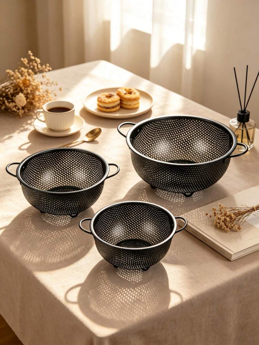 Stainless Steel Black Colander, Dual Handle Rice Washing Basket, Fine Mesh Design, Can Wash Pasta, Vegetables, Rice, Fruits And Other Ingredients, Multi-Purpose Strainer, Kitchen Daily Essential, Kitchen Fruit Basket, Kitchen Must-Have, Christmas, Halloween, Mother's Day Gift - M - View 1