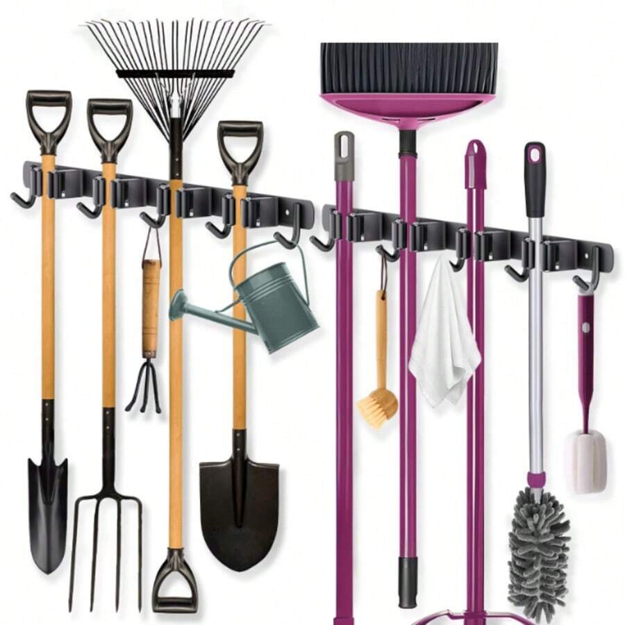 Wall-Mounted Broom & Mop Holder, Heavy-Duty Tool Storage Rack With 4 Clips And 5 Hooks, Suitable For Kitchen, Garden, Laundry Room, Closet And Garage, Autumn Home Decor, Christmas Gift