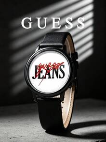 Guess 中性皮革錶帶腕錶，圓形錶盤，大膽字母 Logo 圖案，類比石英手錶，街頭時尚，休閒辦公，日常穿戴，獨特禮物 - 皮帶黑色 - 查看 4