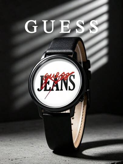 Guess Unisex Leather Strap Wristwatch, Round Dial, Bold Letter Logo Pattern, Analog Quartz Watch, Street Fashion, Casual Office, Daily Wear, Unique Gift