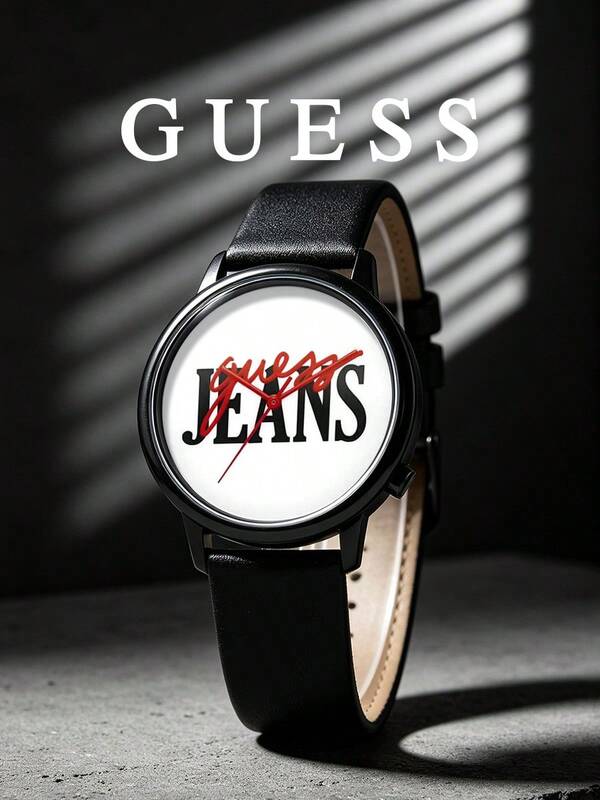 Guess Unisex Armbanduhr mit Lederarmband, rundes Zifferblatt, auffälliges Buchstaben-Logo-Muster, analoge Quarz-Uhr, Street Fashion, lässiges Büro, täglicher Gebrauch, einzigartiges Geschenk