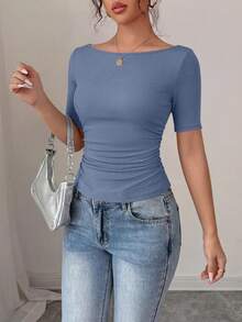 PRETTYGARDEN Women's Spring Fall Long Sleeve Shirts Crop Going Out Tops Casual Boat Neck Bell Sleeve Ribbed Ruched Y2K Clothes - 藍灰色 - 查看 5