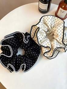 2pcs/1pc Women's Black & White Satin Polka Dot Scrunchies, Fashionable Versatile Elegant Minimalist Hair Accessories For Daily Wear, Outings, Casual, Beach, Party, Commute, Vacation, Ponytail, Bun, Hair Styling, Face Washing, Bathing, Makeup, Outfit Matching, Hair Ornament - Black and White - View 6
