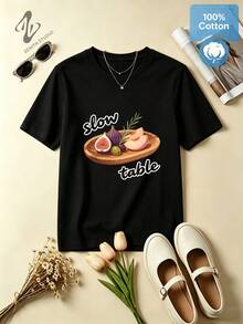 SLOW TABLE Aesthetic Fruit Foodie Print Cotton Women's Daily Crewneck Short Sleeve Tee - Black - View 2