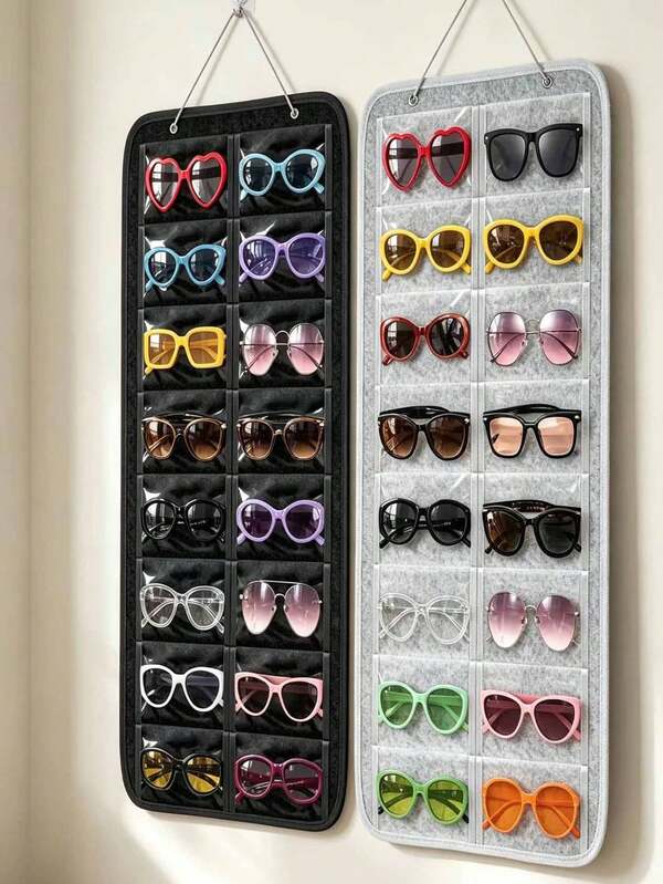 Bolsa de almacenamiento de gafas de fieltro de doble color negro & gris con múltiples bolsillos colgantes, organizador de gafas de moda montado en la pared, ahorra espacio, adecuado para el hogar, la sala de estar, el camping y los viajes