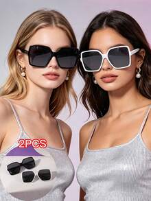 2 piezas Gafas retro de gran tamaño para mujer, material de PC, ribete lateral liso sin adornos, adecuadas para compras de fin de semana y viajes, para todas las estaciones - Multicolor - Ver 12