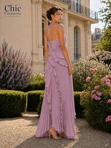 Blush Pink:Blush Pink Ruched Halter Asymmetrical Hem Long Dress - 粉紅色 - 查看 3