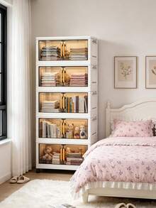 1pc 40cm-50cm Wide Foldable Storage Cabinet Organizer Rack, No Assembly Required, Multi-Layer Portable Wardrobe For Living Room Bedroom Clothes Toys Storage Space-Saving - Transparent Tea - View 4