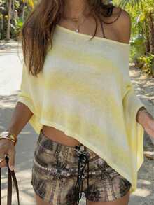 Summer Romantic Vacation Yellow Gradient Loose Knit Cover-Up Shawl Top - Yellow - View 8