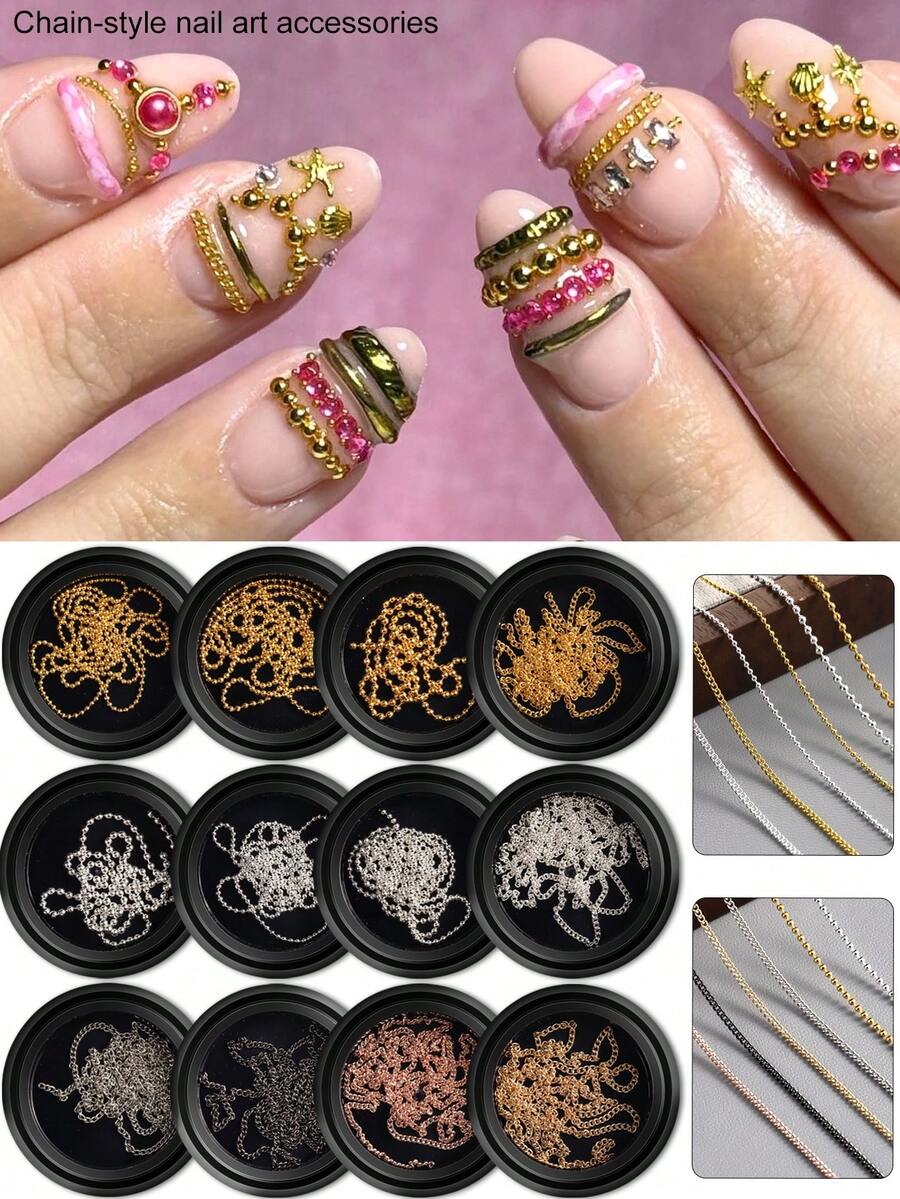 瓶裝美甲珍珠鏈飾品,含金銀色金屬珠與鏈條,適用於DIY美甲裝飾及其他手工藝裝飾,長金屬鏈條美甲流蘇裝飾美甲吊飾 - 彩色 - 查看 1