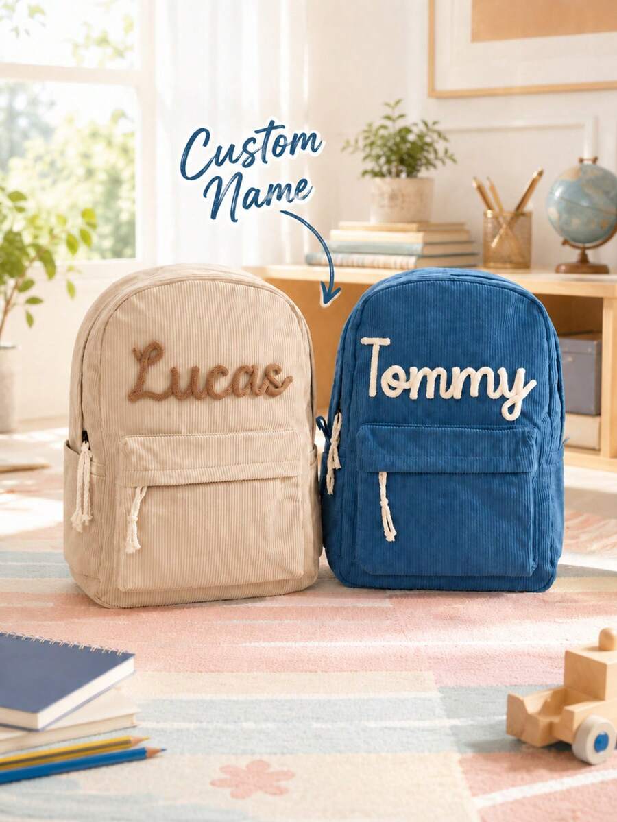 Customized Name Corduroy Backpack, Personalized Holiday Text Custom Bag, Colorful Back To School Student Bag, Unique Student Backpack, Ideal Personalized Gift - Multicolor - View 1