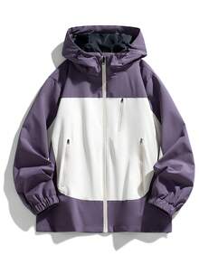 Men's Purple & White Colorblock Hooded Jacket, Full Zip Drawstring Hood, Multiple Zipper Pockets, Elastic Cuffs, Loose Casual Top - Purple - View 2