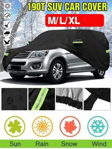 SUV Car Cover, Waterproof Full Car Cover For Outdoor Use, All-Weather Protection, Sun, Frost, Snow Protection, Suitable For SUV Models Parked Outdoors In Winter. Features Snow, Rain, UV, Dust Protection - Premium Full Coverage Car Cover With Reflective Strips And Windproof Straps. All Black, Made Of 190T Polyester Fabric, Rain And Sun Protection, Equipped With Polyester Reflective Strips; Also Available In 170T, 190T Taffeta Material Styles, Thickened Design, Rain And Dust Protection, Sunshade And Heat Insulation. Thickened Durable Full Car Cover With Excellent Waterproof Performance. - View 8