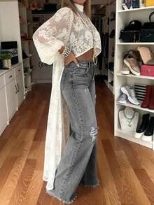 Light Wash Distressed High Waist Full Length Wide Leg Frayed Hem Women's Jeans, Casual Autumn Style - Grey - View 6