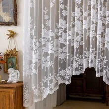 1pc Country Style White Bird Embroidery Lace Short Curtain Valance, Suitable For Kitchen, Dining Room, Small Window, Half Curtain, Rod Pocket Top - White - View 6