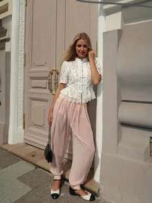 Frühling Sommer Herbst Spitzen-Häkel Stehkragen Slim Fit weiße Bluse für Frauen, Designer Mode elegante Pendler Top Hemd, Damen Stil, Slim Cut, Vollspitze Durchbrochen Frosch Knöpfe - Weiss - Übersicht 4