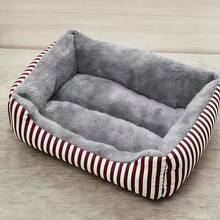 Striped Pet Bed, Rectangular Soft Plush Cat & Dog Bed - Red - View 6