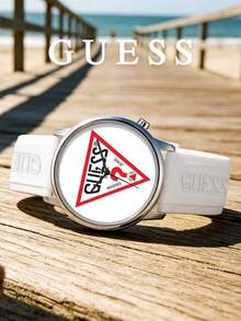 Guess 中性矽膠運動手錶，白色圓盤面搭配三角形 Logo 圖案，類比石英腕錶，適合海灘度假、休閒戶外、夏季日常穿戴，送禮佳品 - 白色 - 查看 5