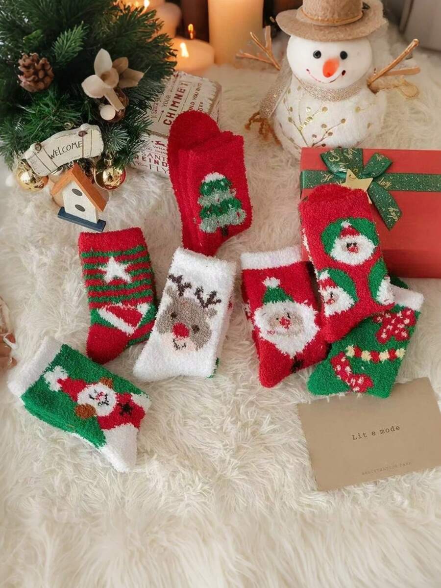 7/5/1 Pair Women's Christmas Coral Fleece Mid-Calf Socks, Super Soft Thickened Warm Plush Home Sleep Floor Socks, Santa Claus Reindeer Christmas Tree Gingerbread Man Print, Red Green Holiday Home Gift Socks For Girls Students - Multicolor - View 1