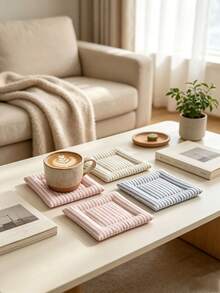 1pc Vintage Striped Linen Coaster, Absorbent Heat-Insulating Thick Soft Pad, Soft Reusable Coffee Tea Cup Mat, Farmhouse Style Home Restaurant Decor, Perfect Gift For Christmas Halloween Thanksgiving - Multicolor - View 7