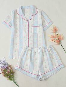 Floral & Heart Print Short Sleeve & Shorts Women's Pajama Set - Blue - View 1