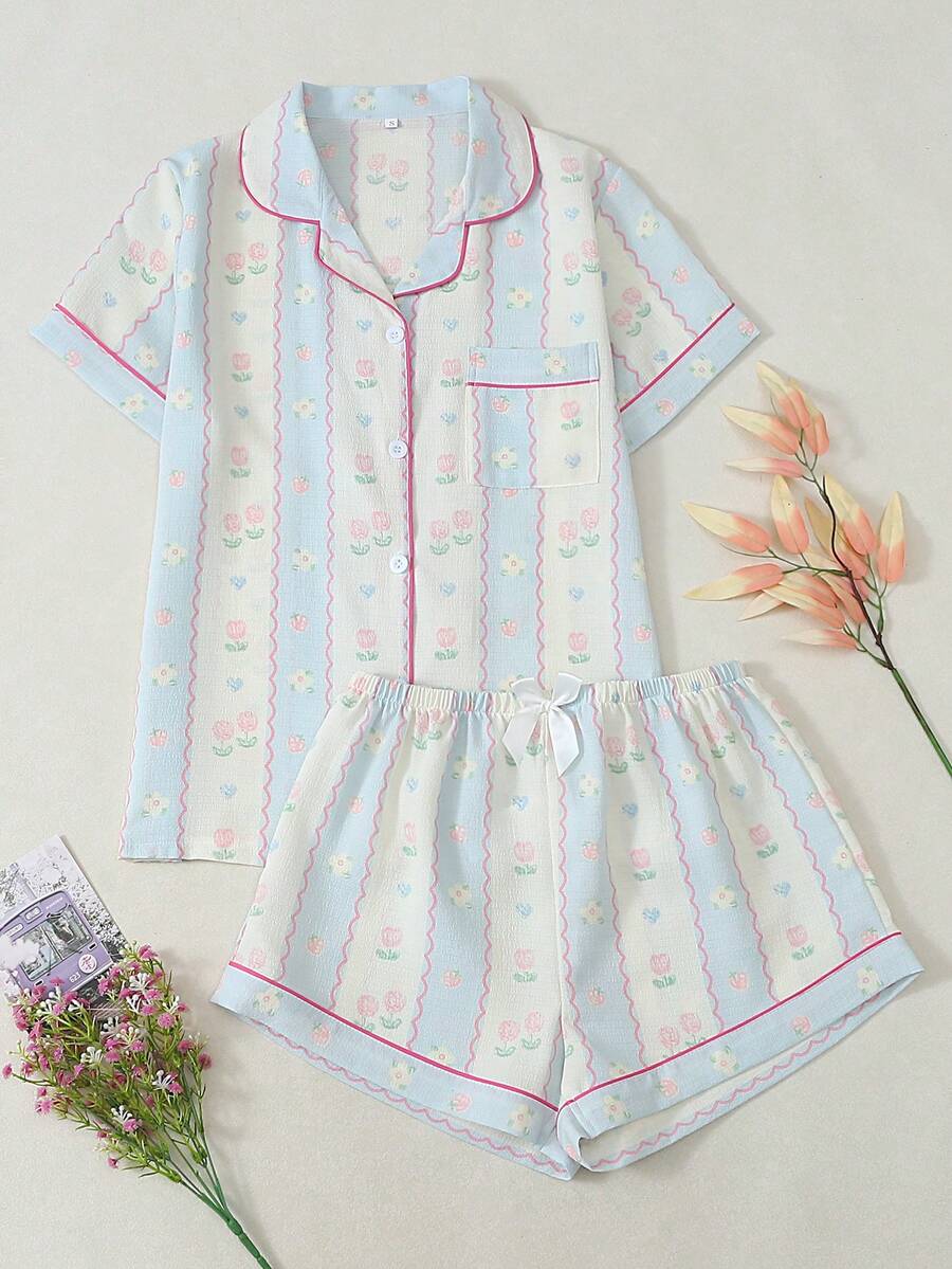 Floral & Heart Print Short Sleeve & Shorts Women's Pajama Set - Blue - View 1