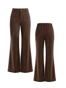 Women's High Waist Corduroy Flare Pants, Single Button Front, Square Patch Pockets, Solid Color Retro Casual Long Pants - Brown - View 8