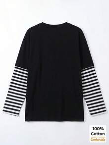 Women's 2-In-1 Faux Layered Long Sleeve T-Shirt With Letter Print, Loose Fit Autumn Top - Black - View 6