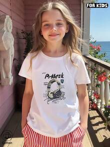 Girls' Summer Short Sleeve T-Shirt, Slim Fit, Knit Fabric, Fashion Street Style - White - View 2