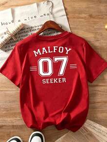 Women Crew Neck Tee, Malfoy 07 Seeker Back Print Short Sleeve, Stretchy All Season Casual Spring Summer Autumn Daily Printed Top - 紅色 - 查看 2