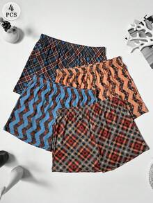 4pcs Men's Plaid Print Boxer Briefs, Elastic Loose Pajama Pants, Casual Comfortable Boxer Shorts, Elastic Waistband, Multi-Color Assortment - Multicolor - View 2