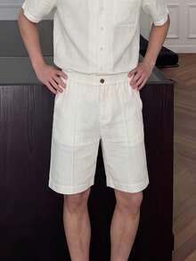Men's Linen Blend Pleated Bermuda Shorts, Knee Length Straight Leg Matching Co-Ord Shorts - Apricot - View 4