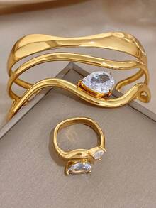 Set/1 Pieza Conjunto de Joyas con Brazalete y Anillo de Línea Asimétrica de Circonita y Acero Inoxidable, Para Mujeres, Fiesta, Diario, Navidad, Regalos de Boda de San Valentín/Y2K - Multicolor - Ver 3
