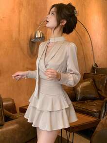 Autumn New Elegant Satin Blouse & Cake Skirt 2 Pieces Set, High-End Women's Outfit - Apricot - View 7