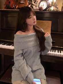 [Y6Y]Women's Off-Shoulder Sweater, Loose Minimalist Sexy Slouchy Knit Top For Autumn - Grey - View 1