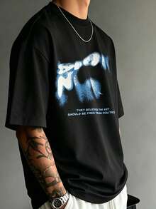Men's Black Spray Paint Graffiti Letter & Text Slogan Loose Fit T-Shirt, Soft Breathable Avant-Garde Urban Style Summer Casual Top - Black - View 3