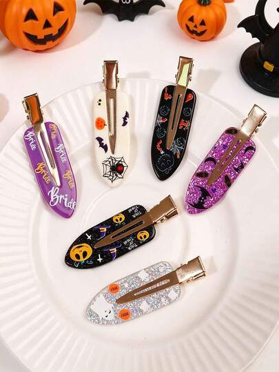 6pcs Halloween Seamless Glitter Pumpkin Bat Ghost Print Side Hair Clips For Women, Suitable For Party And Daily Wear