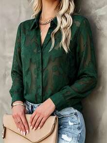 Women's Pure Green Sheer Embroidered Shirt, Collared Long Sleeve Button Front Blouse For Business, Office, Commute, Holiday, Daily, Spring Fall Winter - Dark Green - View 14