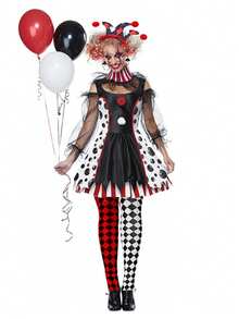 5pcs Halloween Poker Clown Accessory Set Red & Black Plaid Long Socks Clown Pointed Headband Playing Cards - Multicolor - View 3