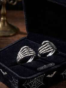 2pcs/Set Anting Jepit dan Cincin Bentuk Tangan Tengkorak Gaya Gotik untuk Wanita, Model Vintage Perak Punk Halloween, Bentuk Tengkorak, Cincin Terbuka yang Dapat Diatur, Jepit, dan Anting Lilit. - MultiWarna - View 5