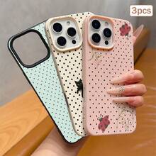 3pcs Polka Dot Print Leather Texture TPU Shockproof Full Coverage Protective Phone Case Compatible With Apple 11/12/13/14/15/16/17 Pro Max - Black + Pink + Antique White - View 5