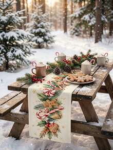 One Christmas Candy Cane Gingerbread Man Print Table Runner, A Candy And Dessert Themed Table Runner, Suitable For Dining Tables, Tabletops, Kitchens, Holiday Parties, And Christmas Decorations. - Multicolor - View 6