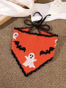 1pc Halloween Ghost & Bat Embroidered Knitted Triangular Headscarf With Orange Lace Tie, Women's Hair Accessory For Holiday Costume, Party, Cosplay, Themed Photoshoot, Daily Festive Outfit - Multicolor - View 3